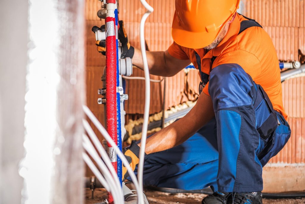 a person in orange hard hat working on a pipe