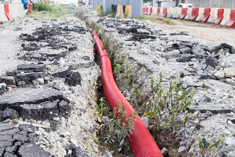 underground trench with sewage piping at infrastru